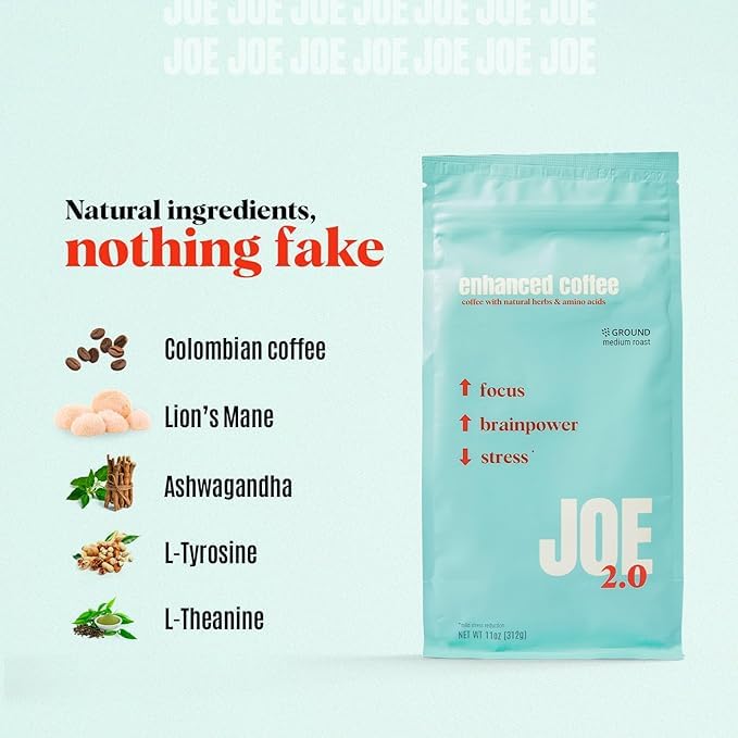 Joe 2.0 Mushroom Coffee Gift Kit – Colombian Medium Roast Ground Coffee with Lion’s Mane &amp Ashwagandha – Includes Branded Mug &amp Coffee Spoon – Supports Calm Focus – 20 Servings