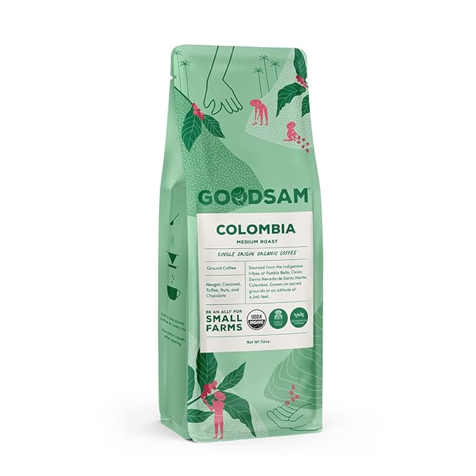 GoodSAM Colombian Medium Roast Organic Ground Coffee — Smooth &amp Balanced Flavor — Single-Origin Arabica Coffee — 32 oz Bulk Bag