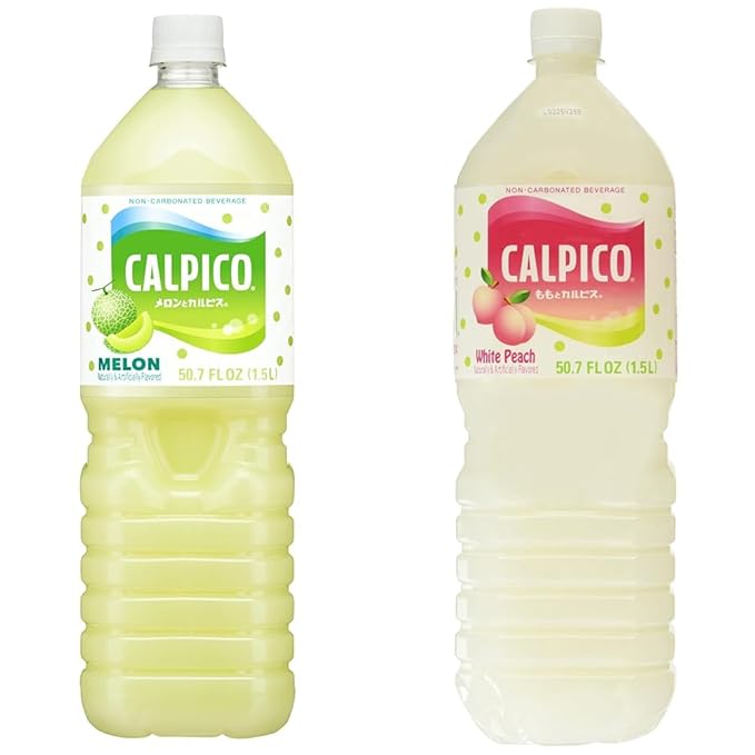 Calpico Japanese Beverage Bundle - Water Melon Flavor (50.7 FZ) and White Peach Soft Drink (50.7 fz) Pack of 2