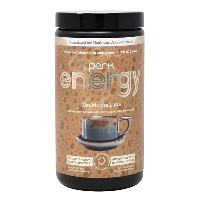 Perk Energy - Energy Original Tan Mocha Latte (20 servings) - with Zero added Sugar - Provides a Boost in Energy and is Packed with Protein Collagen
