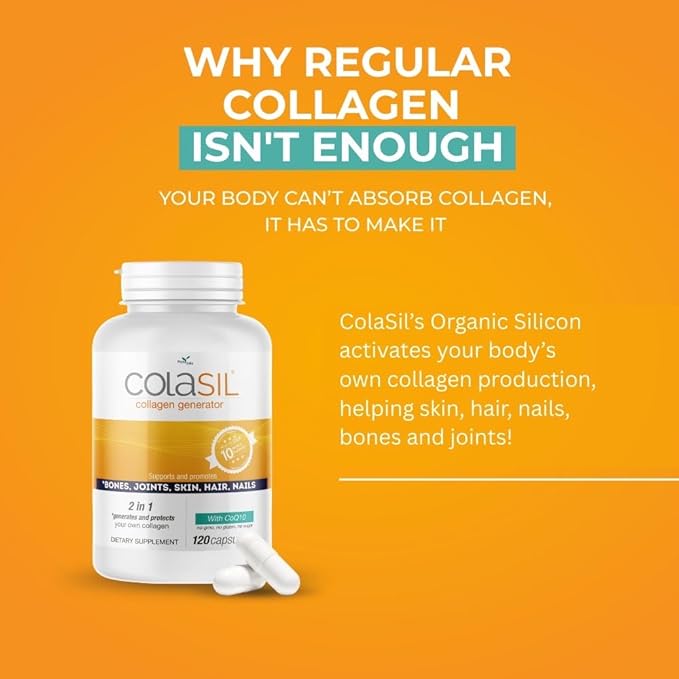 Colasil Collagen Booster Capsules – Organic Silica (OSA) + Hydrolyzed Collagen Generator for Hair Skin Nails Bones &amp Joints – High Absorption Non-GMO Allergen-Free 120 Capsules (60-Day Suppl