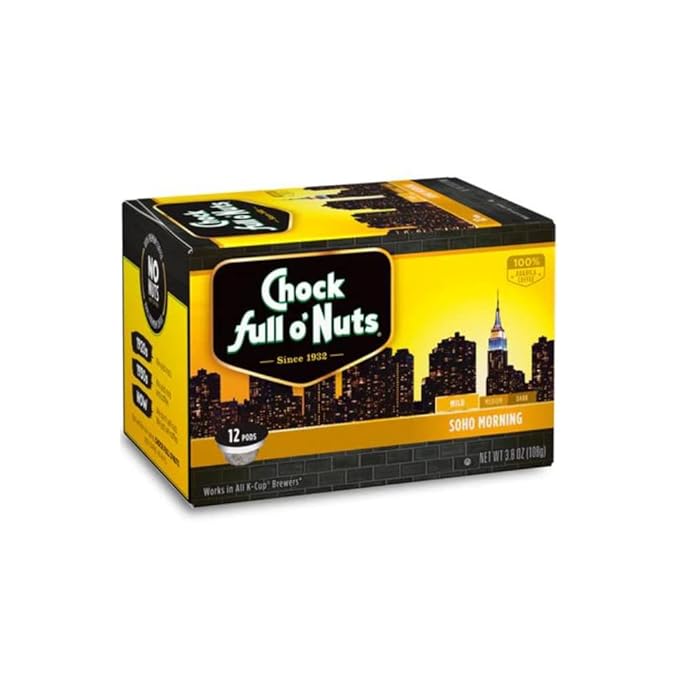 Chock Full o’Nuts Soho Morning Mild Roast K-Cups – Compatible with Keurig Pods K-Cup Brewers (1 Pack of 12 Single-Serve Cups)