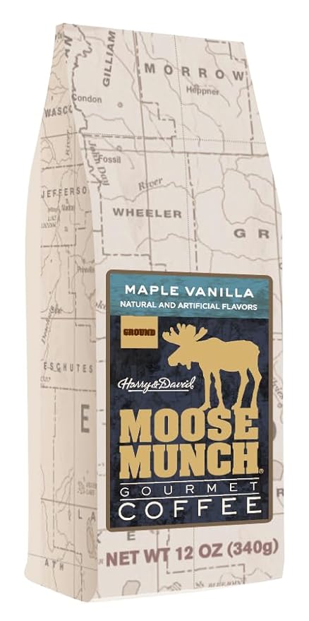 Moose Munch Maple Vanilla Ground Coffee – 4 Pack 12 oz Bags – Smooth Maple Sweetness with Vanilla Flavored Medium Roast Coffee