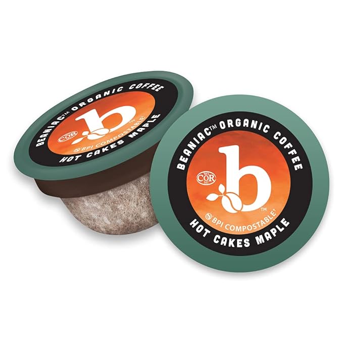 beaniac Hot Cakes Maple Flavored Light Roast Single Serve Compostable K Cup Coffee Pods Organic Arabica Coffee with Natural Flavors Keurig Brewer Compatible 30 Count