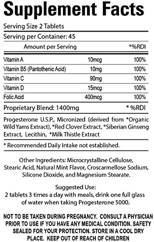 Organic Farm Vitamins Progesterone 5000 - Body glandular System Dietary Supplement 100% Natural Progesterone Pills - Formula to Balance Hormones - progesterone Supplement 90 Tablets