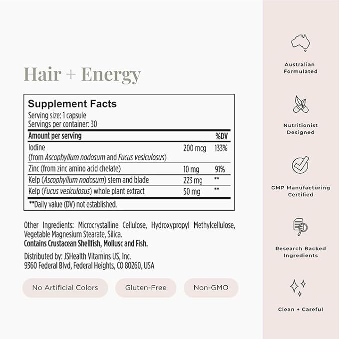 JSHealth Vitamins Hair and Energy Formula - Hair &amp Scalp Support Supplement with Iodine and Zinc - 30 Capsules