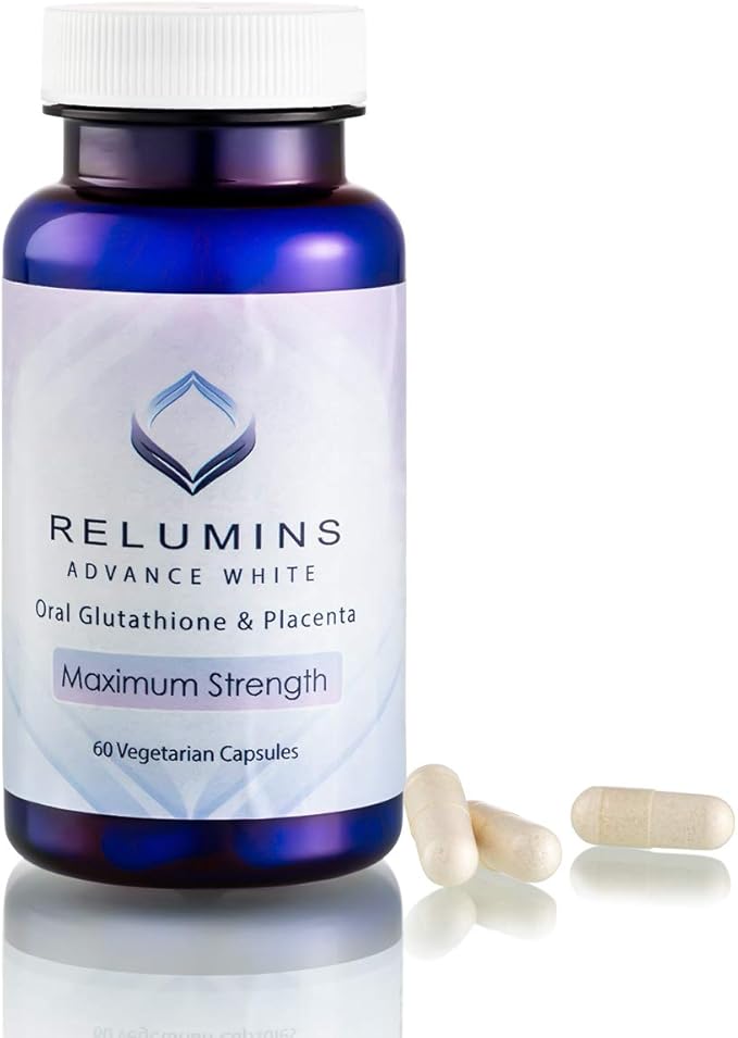 Relumins Advanced White Glutathione Capsules - Max Strength Supplement with ALA Placenta Rose HIPS &amp Vitamin C - Supports Collagen &amp Youthful Skin Made in USA - 60 Caps