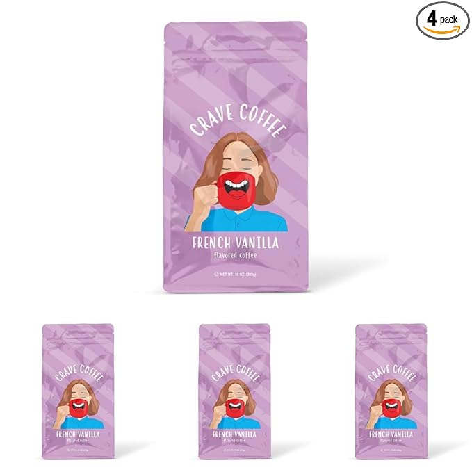Crave Beverages Flavored Ground Coffee Bag French Vanilla – Flavorful and Fun Brew Made with 100% Arabica Beans - Flavor Enhanced 10 Oz (Pack of 4)