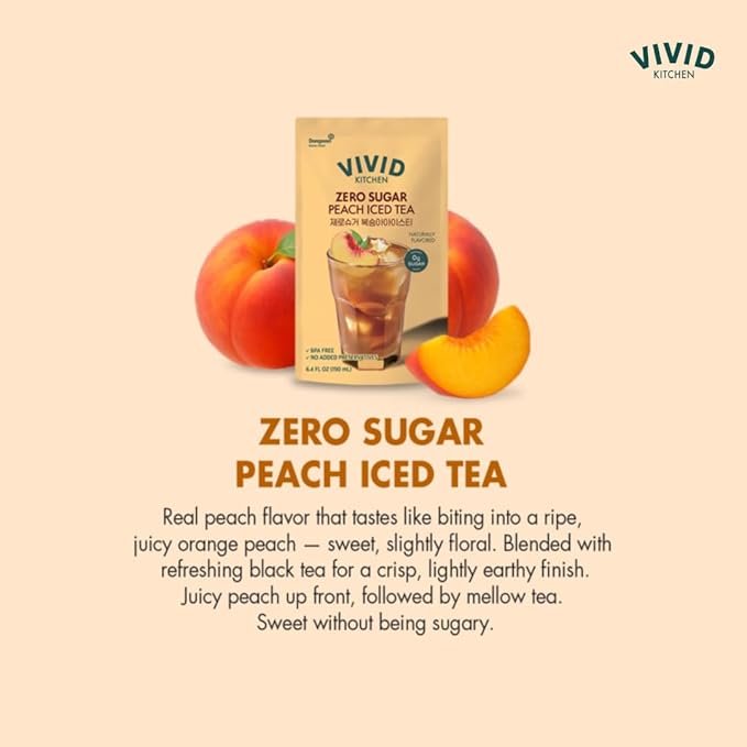 VIVID KITCHEN Peach Iced Tea Pouch Drinks – Zero Sugar Zero Calories | Korean Convenience Store Drink | No Artificial Preservatives or Corn Syrup | 6.4 fl oz (10 Pouches) (10 Pouch Peach Iced Tea)