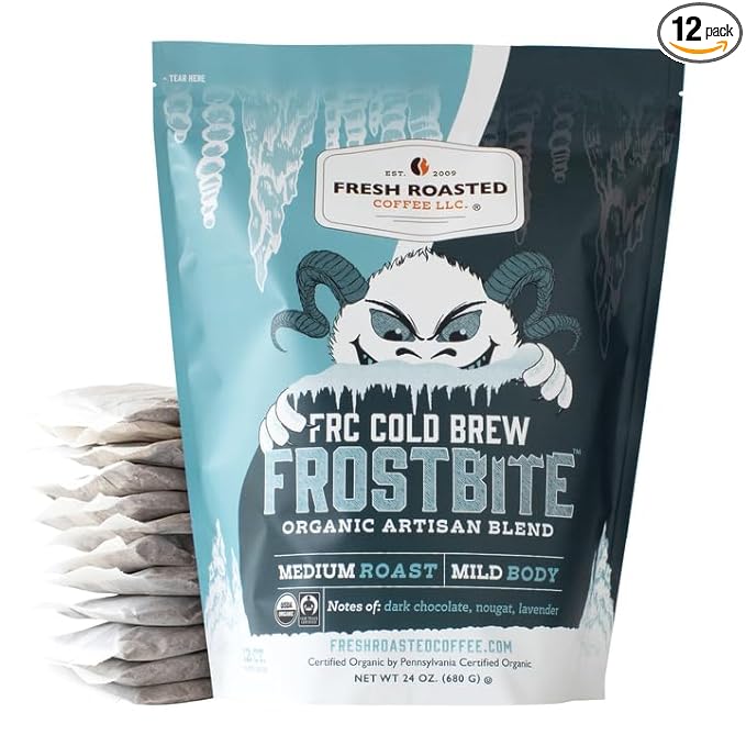 Fresh Roasted Coffee Organic Frostbite Cold Brew Coffee Filter Packs | Mold &amp Myco Tested USDA Organic Kosher | Medium Roast 12 Count 24 oz
