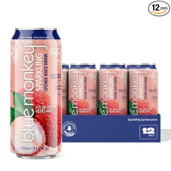 Blue Monkey Sparkling Lychee Juice - Real Fruit Juice No Sugar Added All Natural Lightly Carbonated Halal Certified - Refreshing Tropical Sparkling Water Alternative - 11.2oz (330ml) 12 Pack (11.2