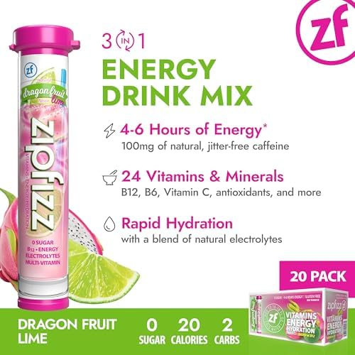 Zipfizz Daily Energy Drink Powder Dragon Fruit Lime 20 Pack | 3-in-1 Sustained Energy Rapid Hydration and Essential Vitamins | Sugar-Free | Electrolyte Powder | Contains Vitamin B-12 &amp Antioxi