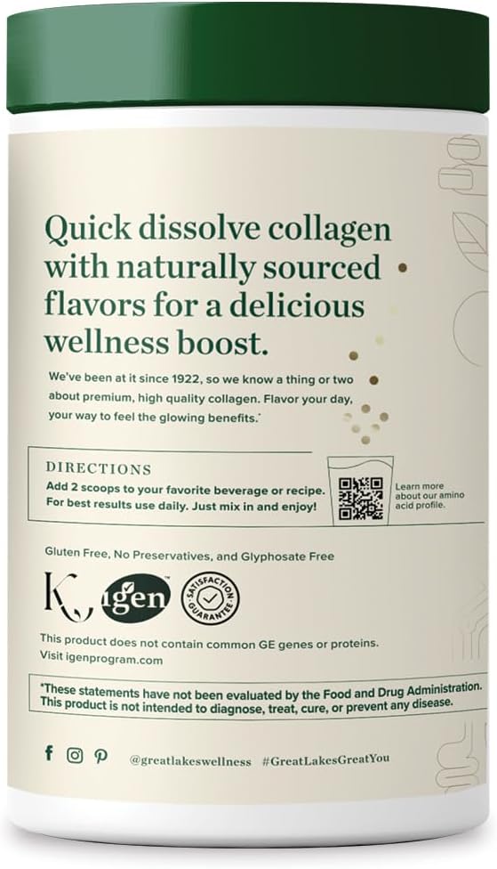 Great Lakes Wellness Collagen Peptides Powder for Skin Hair Nails Joints &amp Digestion - Vanilla Flavored - Quick Dissolve Hydrolyzed Non-GMO Kosher - 10 oz