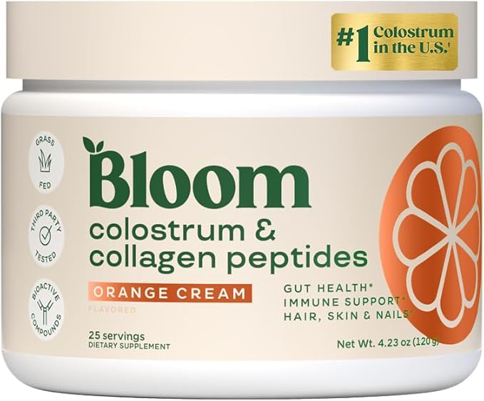 Bloom Nutrition Bovine Colostrum Powder for Gut Health Immune Support Hair Growth &amp Beauty Supplement Gluten Free Sugar Free | Orange Cream 25 Servings