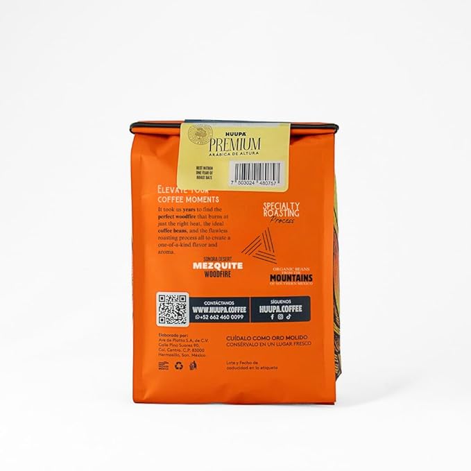 HUUPA Premium Ground Coffee100% European Arabica Roasted with Mesquite Wood Smooth Flavor Sweet Aroma 16 Oz