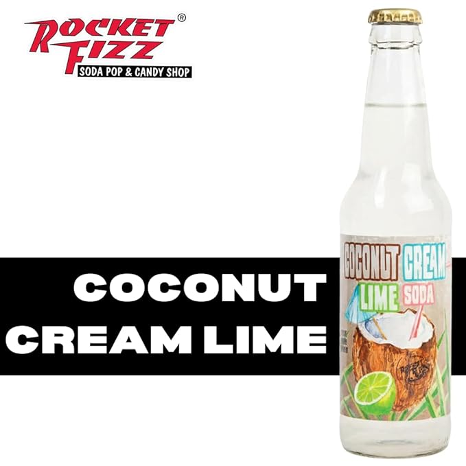 Rocket Fizz Coconut Cream Lime Soda Flavor | Cane Sugar | Craft Soda Pop Drinks | 12 oz in Glass Bottle (6 Pack)