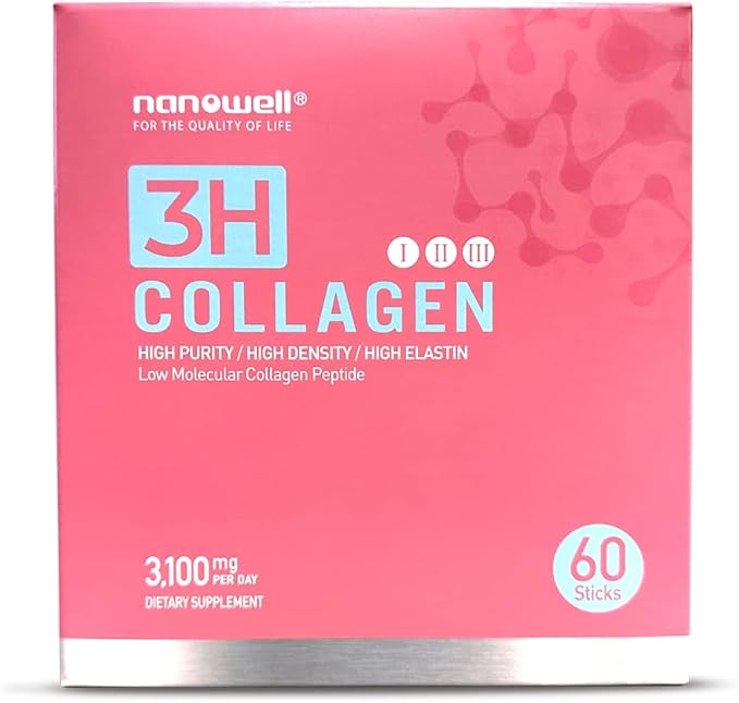 NANOWELL 3H Collagen Peptide Powder - Types I II &amp III with Vitamin C Hydrolyzed Elastin Peptide &amp Hyaluronic Acid - Supports Hair Skin Nails Joints &amp Bones - 60 Sticks 30 Day Suppl