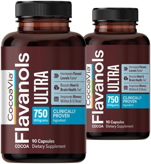 CocoaVia Ultra 750mg Cocoa Flavanols – Heart &amp Brain Support Memory &amp Blood Circulation Booster High Flavanol Cocoa for Nitric Oxide Energy &amp Oxygen Boost Vegan Gluten-Free 60-Day Su