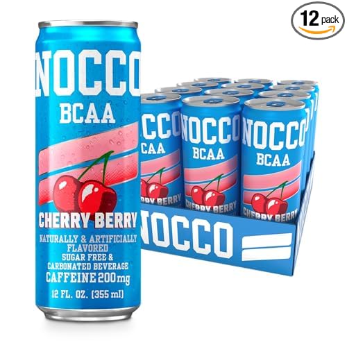 NOCCO BCAA Energy Drink Cherry Berry - 12 Fl Oz (Pack of 12) - 200mg of Caffeine Sugar Free Energy Drinks - Carbonated &amp Low Calorie BCAAs Vitamin B6 B12 &amp Biotin - Grab &amp Go Performa