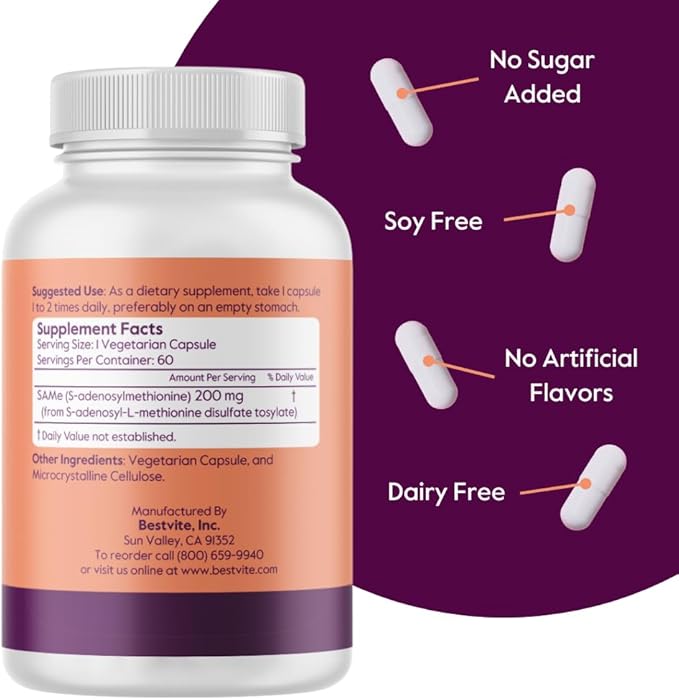 BESTVITE SAM-e 200mg Stabilized (120 Vegetarian Capsules) (60 x 2) - Easy to Swallow Capsule Form - No Enteric Coat Needed - No Stearates - No Fillers - Vegan - Non GMO - Gluten Free