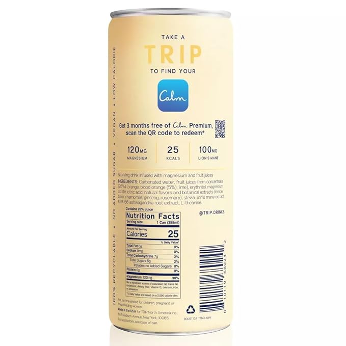 TRIP Lightly Sparkling Adaptogen Drink Non Alcoholic Drink with Magnesium Ashwagandha Lions Mane &amp L Theanine No Added Sugar Mocktail Vegan Blood Orange 12 Oz 12Pk