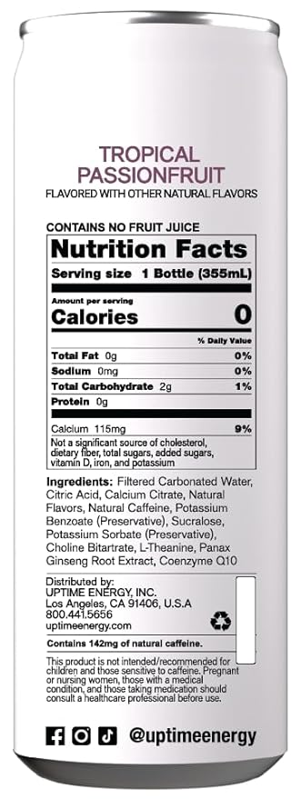 UPTIME - Tropical Passionfruit 12 Pack - Zero Sugar Premium Energy Drink 12oz Cans Natural Caffeine Natural Flavors