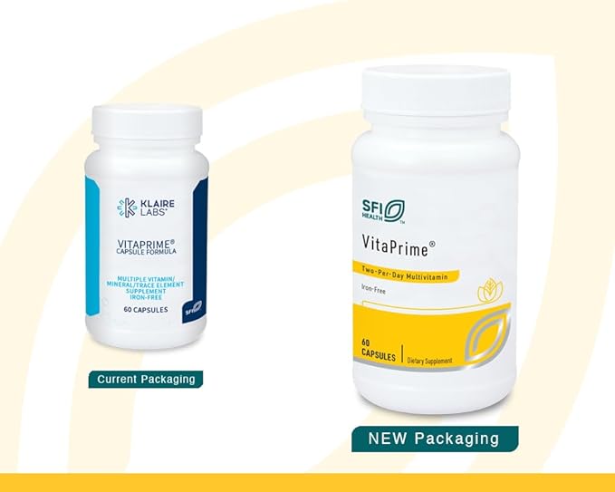 Klaire Labs SFI Health VitaPrime - Iron Free Multivitamin for Women &amp Men - Promote Immune Function &amp Support Nutritional Gaps - Two-Per-Day Multivitamin with Methyl Folate &amp B12 (60 Capsu