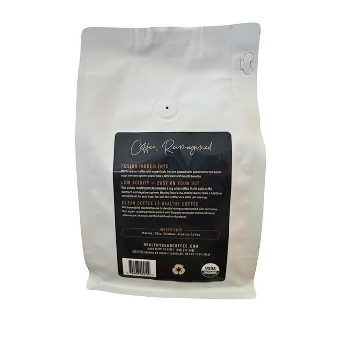Healthy Bean Organic Low Acid Coffee Beans - USDA Organic Mold-Free Superfood Infused Clean and Healthy - Low Acid for Sensitive Stomachs - Semi-Dark Roast Coffee Beans 10oz (1-Pack)