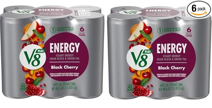 V8 +ENERGY Black Cherry Energy Drink Made with Real Vegetable and Fruit Juices 8 FL OZ Can (2 Packs of 6 Cans)
