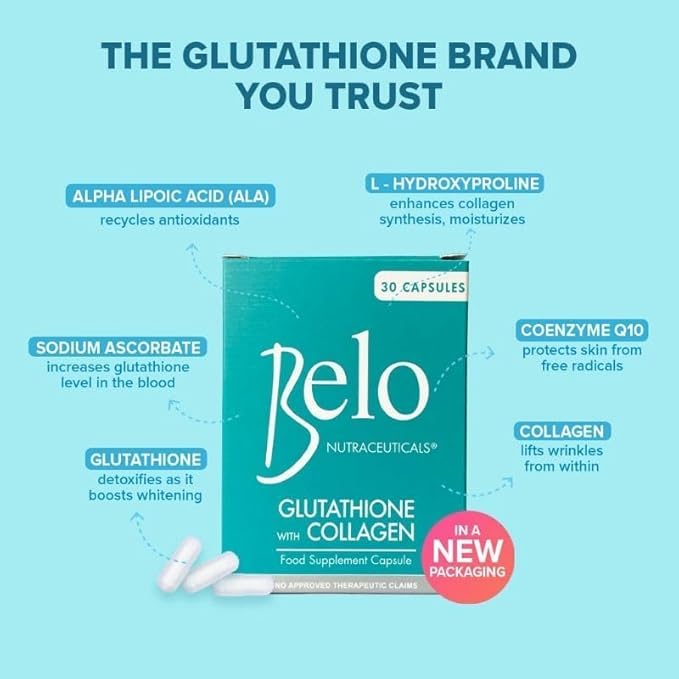 Belo Nutraceuticals Glutathione Collagen Advanced Skin Support Beauty Capsule Supplement - 30 Capsules