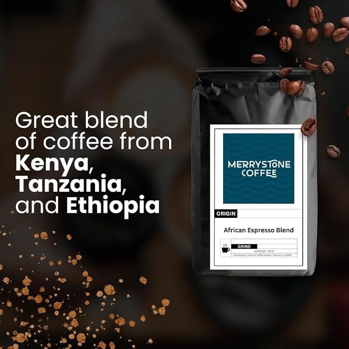 Merrystone Coffee African Espresso Blend | ROASTED TO ORDER Medium-Dark Roast ESPRESSO GROUND | 2 LB Bag | Citrus Zest &amp Dark Chocolate Flavor | Ethiopian Rwandan &amp Kenyan Peaberry Coffee