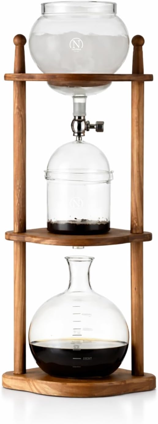 Nispira Cold Brew coffee Maker Ice Coffee Drip Machine with Advanced Slow Drip Technology Borosilicate Glass with Wood Tower 6-8 Cup Brown