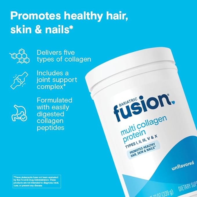 Bariatric Fusion Unflavored Multi Collagen Protein Powder | Hydrolyzed Collagen Peptides Powder Plus Joint Support Complex of MSM and Glucosamine | Type 2 | Dairy Gluten &amp Soy Free | 30 Servings