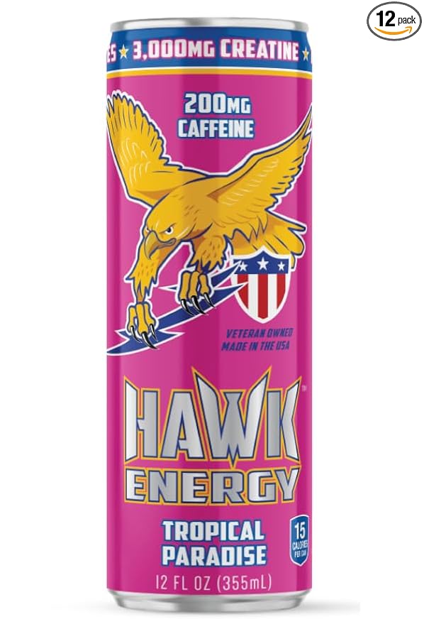 HAWK ENERGY PERFORMANCE - TROPICAL PARADISE - Premium Sugar Free Energy Drink - 12 Pack - 12 oz cans - Focus and Power - 3000mg Creatine 200mg Caffeine BCAA's B6/B12 Taurine and L-Carnitine 100%