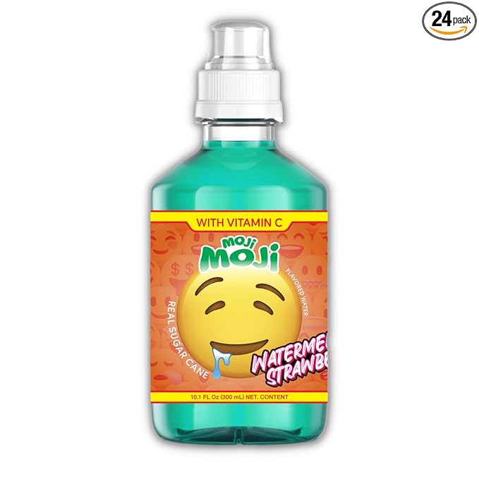 MOJI-MOJI Kids Vitamin Drink – with Vitamins A B &amp E Fun Emoji Bottles 4 Flavors Sports Cap Spill-Resistant 10.1 Fl Oz Pack of 24 (10.1 Fl Oz Watermelon Strawberry)
