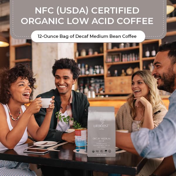 Lifeboost Medium Roast Swiss Water Decaf Whole Bean Coffee - Low Acid Organic Decaf Coffee Non-GMO USDA Organic Single Origin Third-Party Tested for Mycotoxins &amp Pesticides - 12 oz Bag