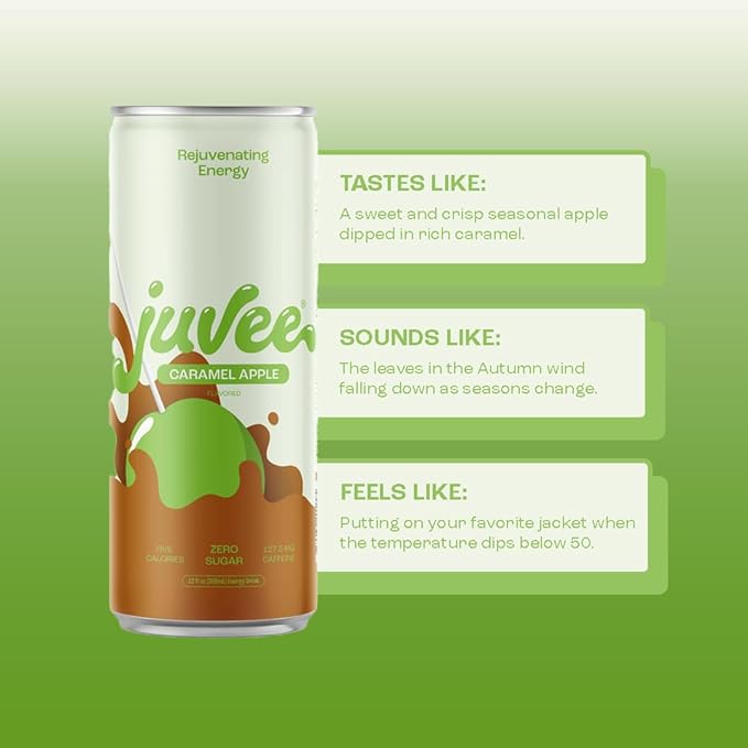 Juvee Rejuvenating Energy Drink – Sugar Free Caramel Apple Flavor 12 oz Cans (12-Pack) – 128mg Natural Caffeine Zero Sugar Low Calorie Clean Energy &amp Focus Booster for Daily Use