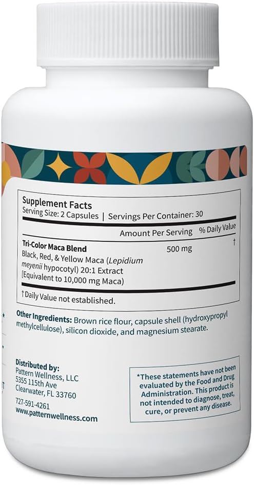 Pattern Wellness Maca Root Extract 20:1 (10000 mg Equivalent) – for Men &amp Women – Tri-Color Black/Red/Yellow Blend – 60 Vegan Non-GMO Capsules