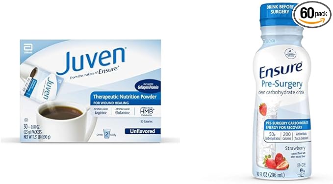 Juven Therapeutic Nutrition Drink Mix Powder for Wound Healing Support Includes Collagen Protein Unflavored 30 Count &amp Ensure Pre-Surgery Clear Carbohydrate Drink Strawberry 10 Fl Oz (Pack o