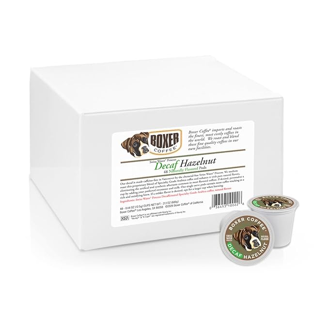 Boxer Coffee Swiss Water Process Decaf Hazelnut Naturally Flavored Pods compatible with Keurig K-Cup decaffeinated 48 count