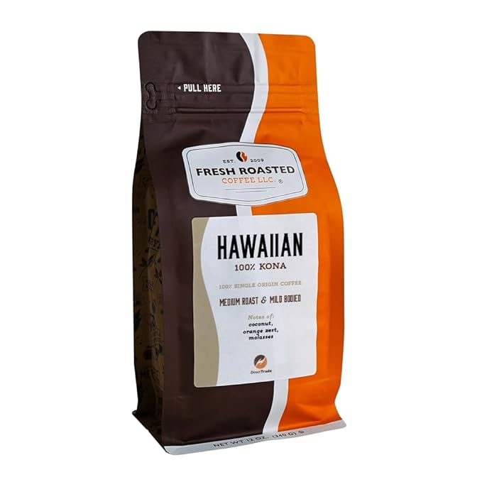 Fresh Roasted Coffee 100% Hawaiian Kona 12 oz Medium Roast Kosher Whole Bean