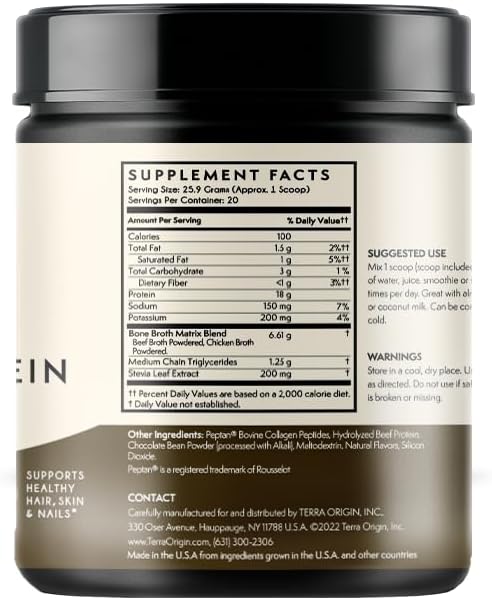 TERRA ORIGIN Collagen Peptides Powder | Bone Broth Hydrolized Collagen Type I and III Protein Supplement | for Women and Men Hair Skin Nail and Joint Support | Chocolate (20 Servings)