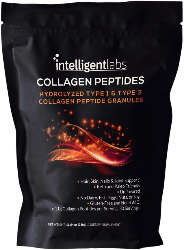 Intelligent Labs Hydrolyzed Type 1 and 3 Collagen Peptide Granules Collagen Powder Unflavored Keto and Paleo-Friendly Third-Party Verified For Purity 11g per Serving 30 Servings a Pouch