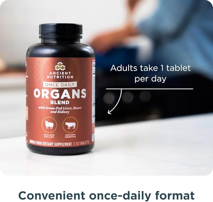 Ancient Nutrition Organ Supplements Once Daily Grass-Fed and Wild Organ Complex Capsules Liver Heart Kidney Supports Organ Cognitive and Immune System Health 30 Ct