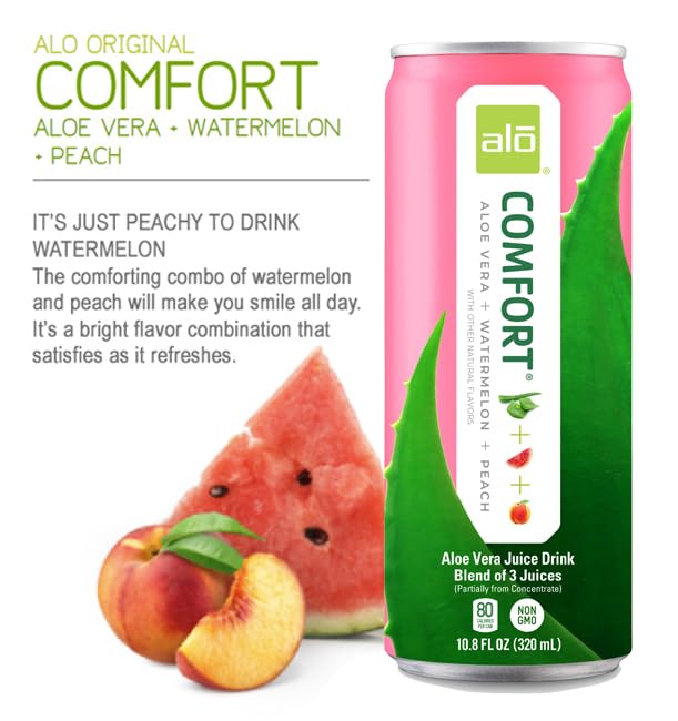ALO Drink |ALO Comfort Aloe Vera Juice Drink | Watermelon + Peach Flavor | 12 Pack | 10.8 FL OZ (320mL) Cans