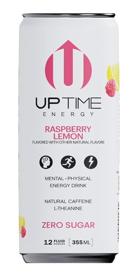 UPTIME Energy Drink Raspberry Lemon Sparkling 12 Pack Vitamin C L Theanine Calcium Sugar Free Energy Drinks for Focus Support 142mg of Natural Caffeine 5 Calories Natural 12 fl oz Cans
