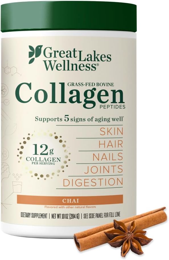 Great Lakes Wellness Collagen Peptides Powder for Skin Hair Nails Joints &amp Digestion - Chai Flavored - Quick Dissolve Hydrolyzed Non-GMO Kosher - 10 oz