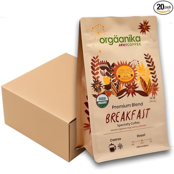 New Orgaanika Andes Breakfast | Gourmet Coffee Blend |Coarse Ground | Medium Roast | Specialty Organic | Best for French Press &amp Cold Brew Coffee Pack of 20 (12oz bags best for restaurants and c