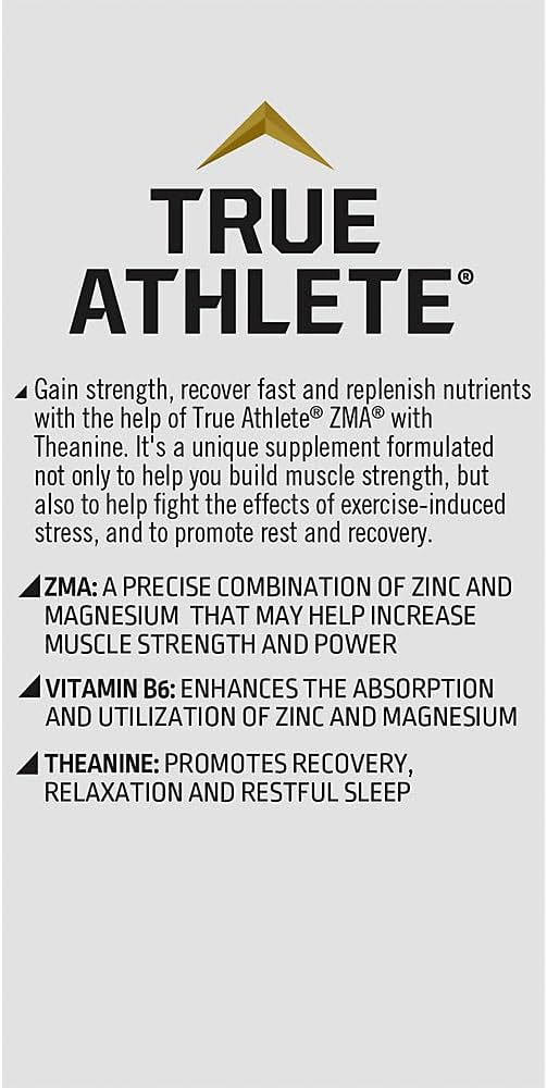 True Athlete ZMA + L Theanine Capsules Zinc Magnesium and Vitamin B6 Supplement for Active Men and Women Supports Recovery and Relaxation Gluten Free Sugar Free 180 Capsules