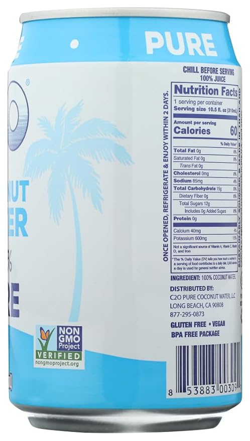 C2O Pure Coconut Water | Plant Based | Non-GMO | No Added Sugar | Essential Electrolytes | 10.5 Fl Oz (Pack of 24)